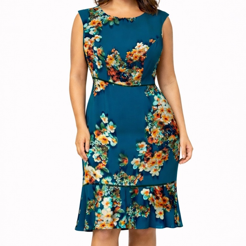 NWT ABS Allen Schwartz Teal Floral Open Back Cocktail Dress 16 (Originally $378)